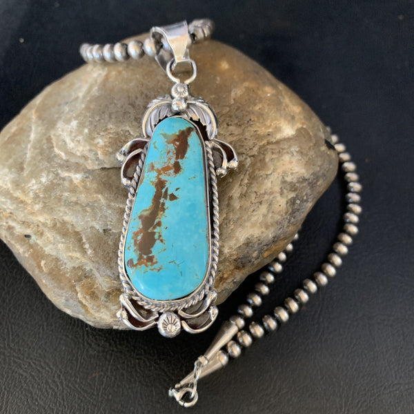 Men Blue Kingman Turquoise Pendant Navajo Pearls Necklace 14204N | Sterling Silver | Authentic Native American Handmade