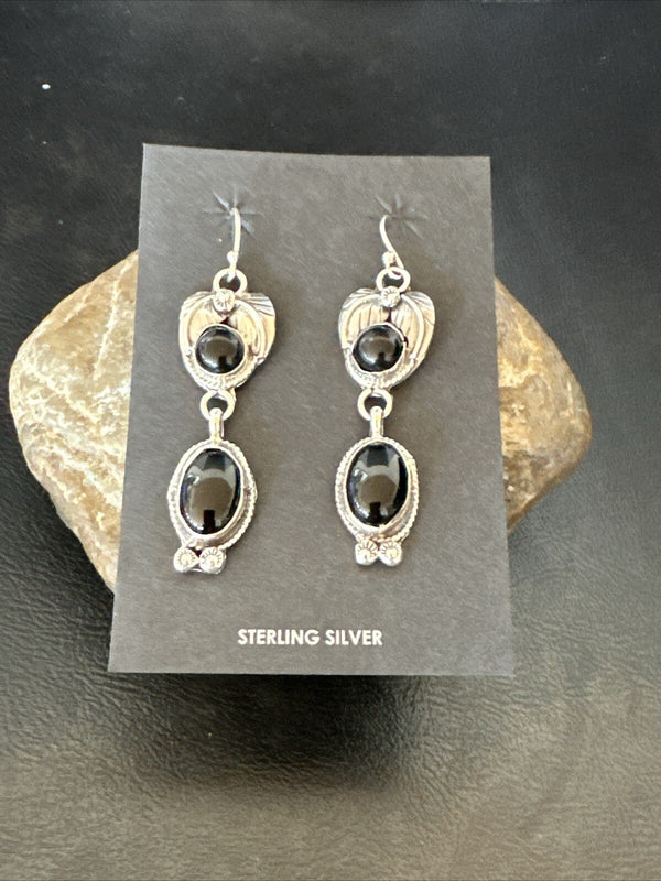 Black Onyx Navajo Dangle Earrings 1.5" | Sterling Silver | Authentic Native American Handmade | 18293