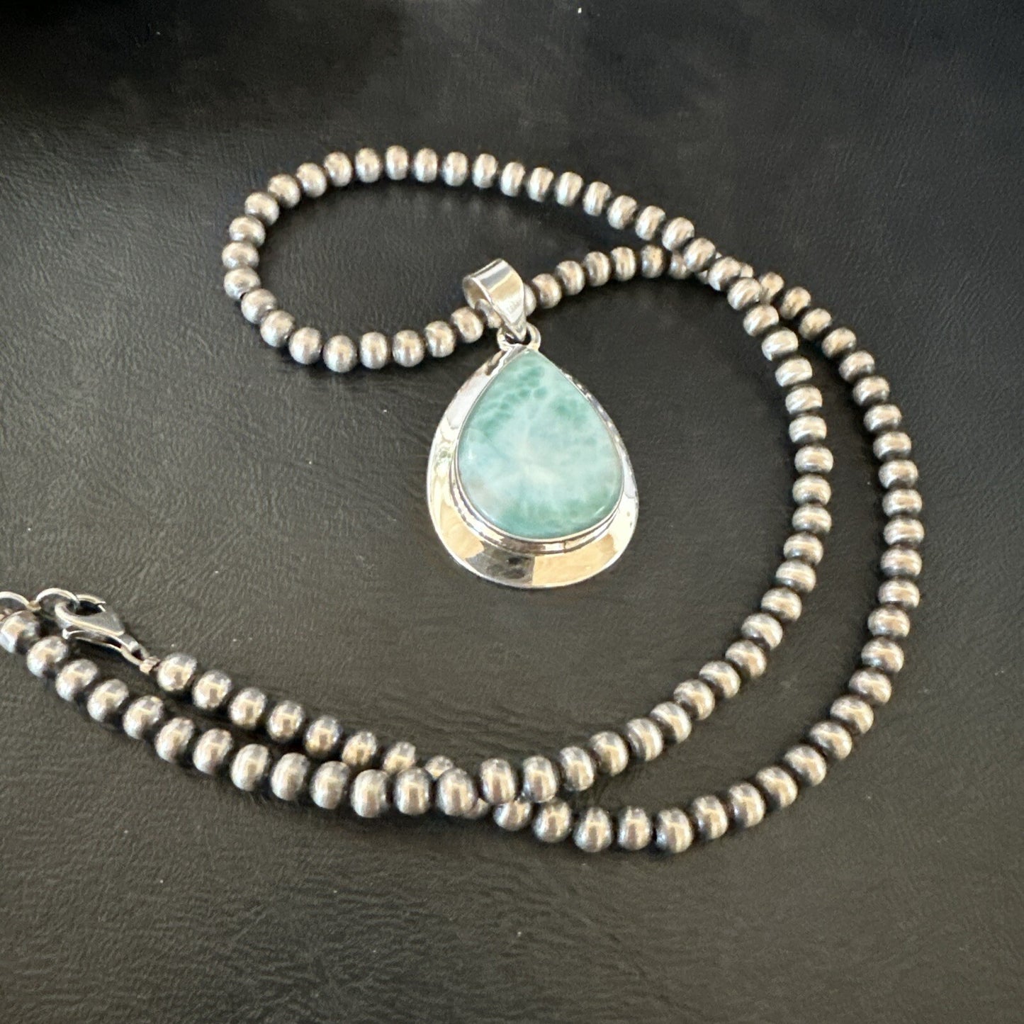 Womens Blue Larimar Pendant Navajo Sterling Silver Beads Necklace 17715
