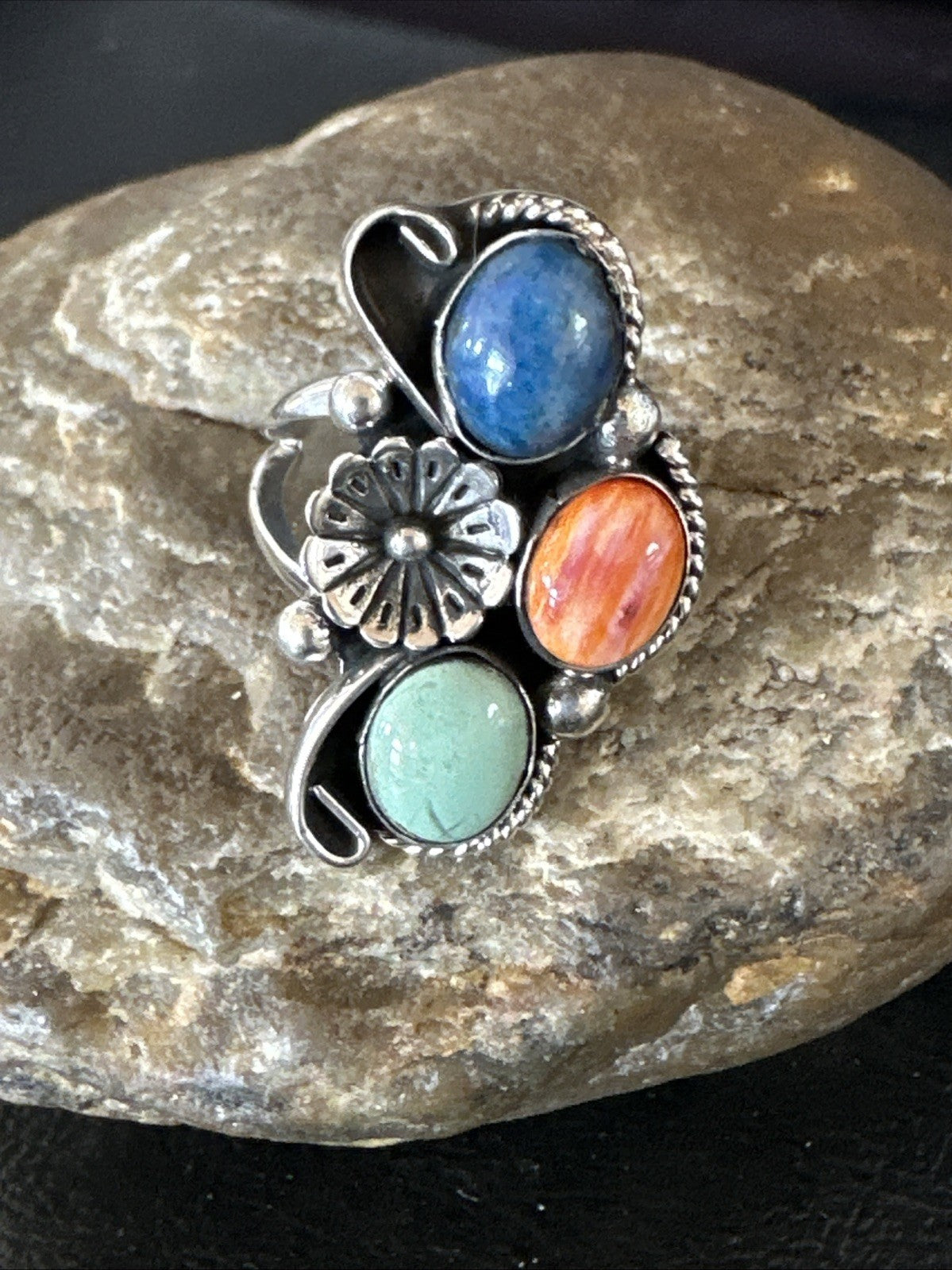 Multicolor Ring Turquoise Spiny Navajo Sterling Silver Cluster Size 9 19187