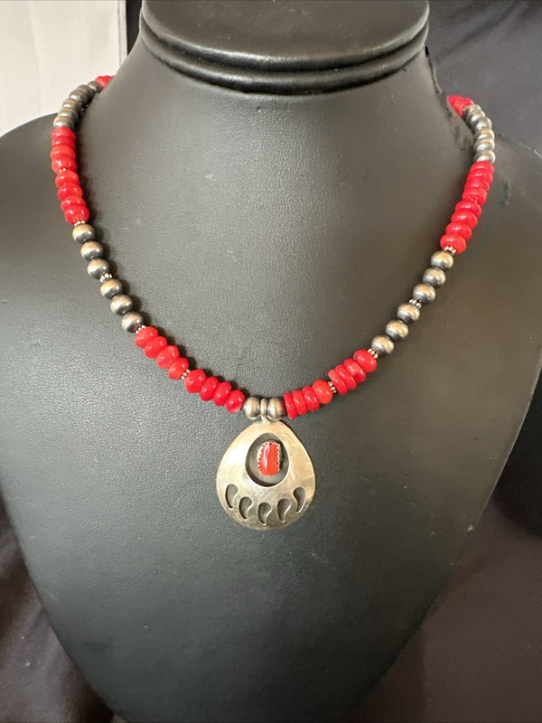 Red Coral BearPaw Inlay Pendant Navajo Pearls Necklace 21" | Sterling Silver | Authentic Native American Handmade | 18058