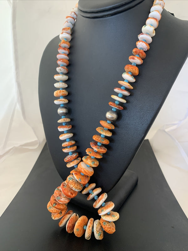 Turquoise Orange Spiny Oyster Navajo 28"Necklace | Sterling Silver | Authentic Native American Handmade | 01390