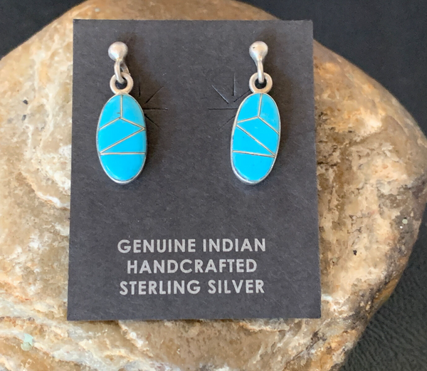 Navajo Blue Turquoise Dangle Post Inlay Earrings 0.7" | Sterling Silver | Authentic Native American Handmade | 12719