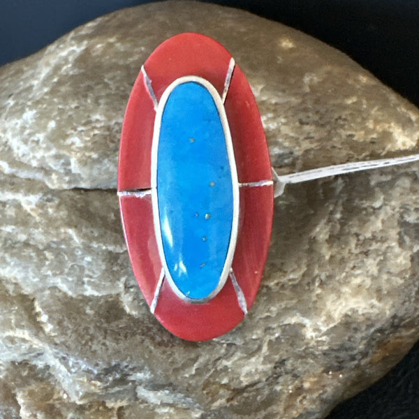 Blue Turquoise Coral Navajo Ring Size 7.5 | Sterling Silver | Authentic Native American Handmade | 18766
