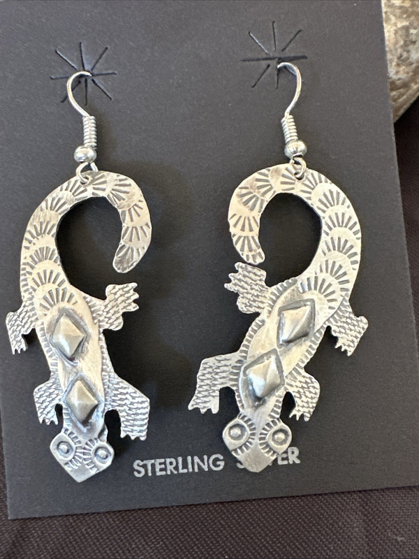 Gecko Navajo Stamped Stamped Handmade Earrings | Sterling Silver | Authentic Native American Handmade | 17952