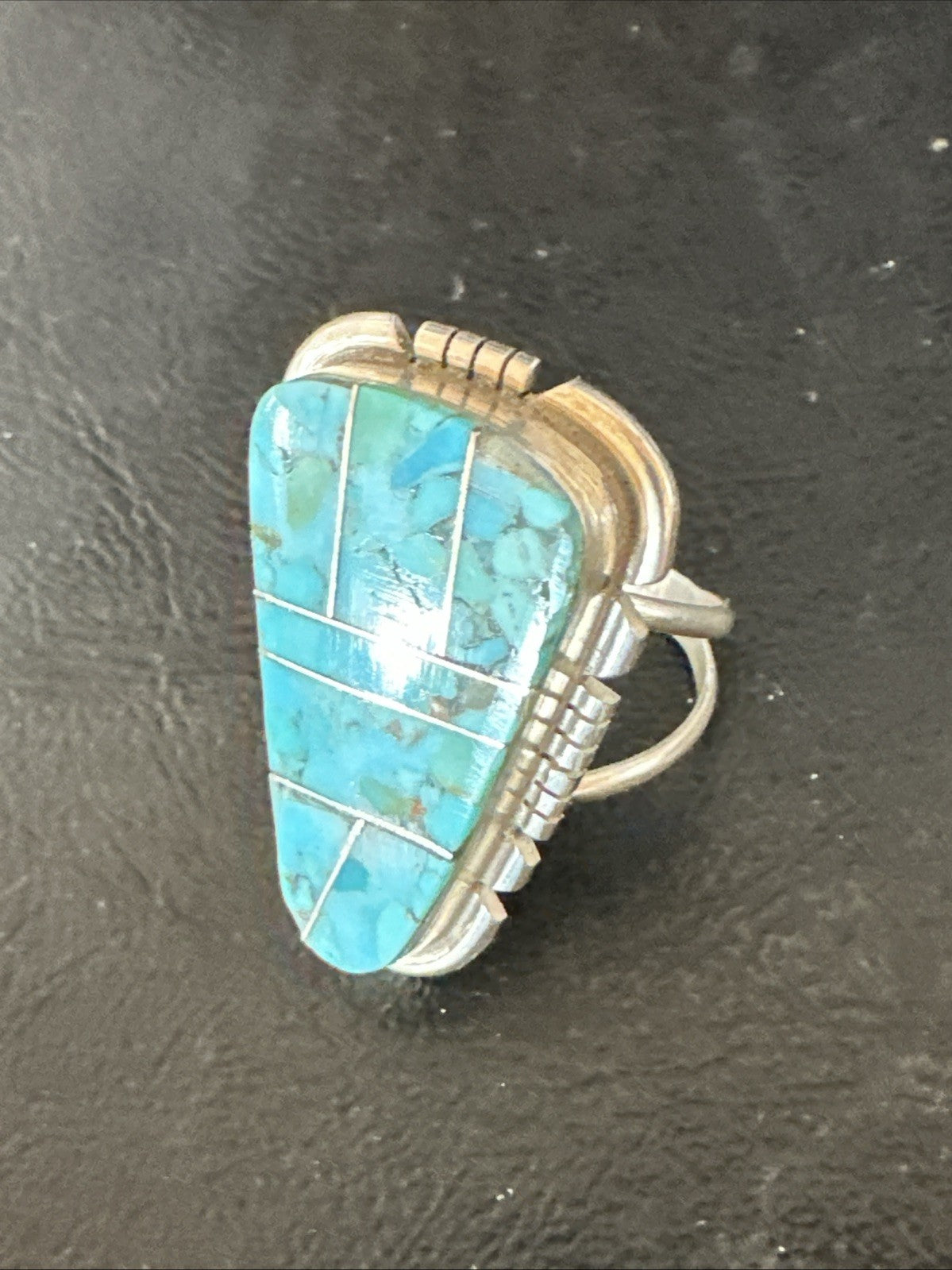 Blue Turquoise Navajo Inlay Sterling Silver Ring Size 11 19782