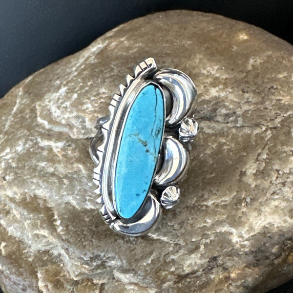 Blue Kingman Turquoise Navajo Ring Size 7.5 | Sterling Silver | Authentic Native American Handmade | 18632