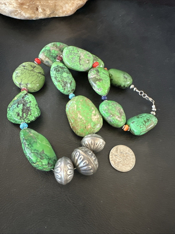 Green Turquoise Chunky Multicolor Southwest Necklace 21" | Sterling Silver | Authentic Native American Handmade | 19251