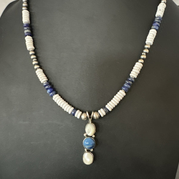 Blue Lapis White MOP Howlite Pendant Navajo Necklace | Sterling Silver | Authentic Native American Handmade | 19656