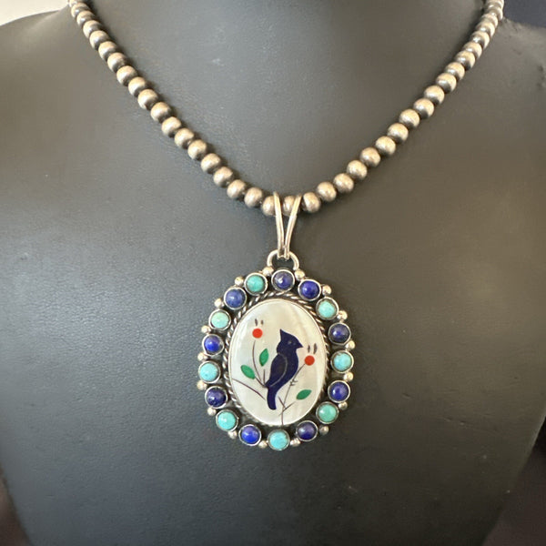 Blue Turquoise Black Onyx Inlay Pendant Necklace 20�17 | Sterling Silver | Authentic Native American Handmade | 926