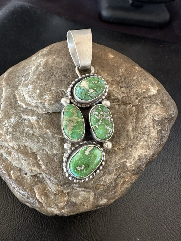 Green Sonoran Gold Turquoise Navajo 925 Cluster Pendant | Sterling Silver | Authentic Native American Handmade | 19400