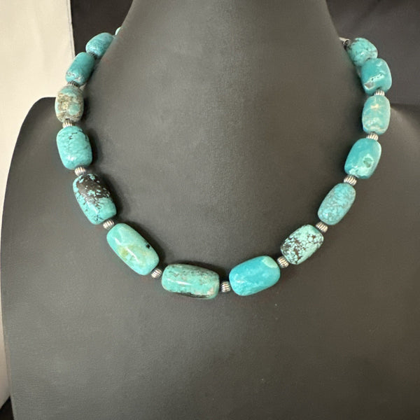 Men's Women's Blue Nugget Turquoise Navajo Necklace 17.5" | Sterling Silver | Authentic Native American Handmade | 19688