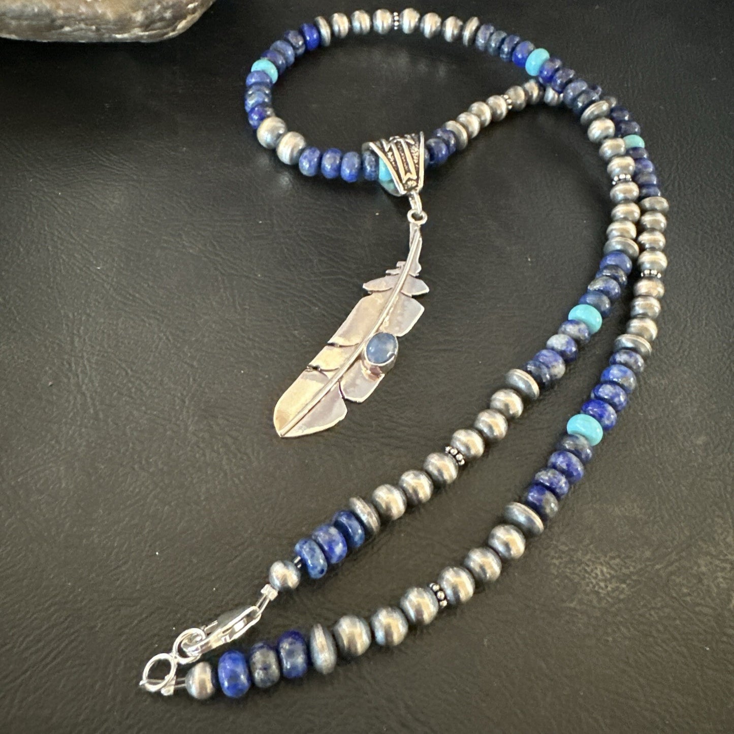Blue Turquoise Lapis Feather Pendant Navajo Sterling Silver Necklace 21” 17790