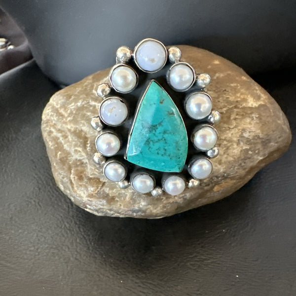 Blue Turquoise White Pearls Navajo Cluster Ring Size 10.5 | Sterling Silver | Authentic Native American Handmade | 18398