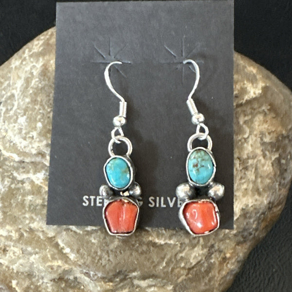 Handmade Blue Turquoise Red Coral Navajo Dangle Earrings | Sterling Silver | Authentic Native American Handmade | 18840