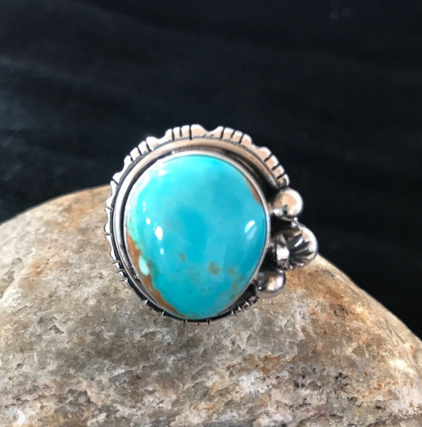 Blue Mountain Pilot Turquoise Navajo Ring Size 9 | Sterling Silver | Authentic Native American Handmade | 8242