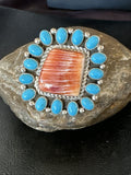 Orange Spiny Oyster Turquoise Navajo Cluster Ring Sz 9 | Sterling Silver | Authentic Native American Handmade | 19761