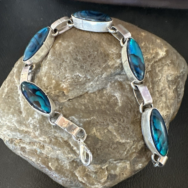 Women Old Pawn Blue Pava Shell Navajo Link Bracelet 8" | Sterling Silver | Authentic Native American Handmade | 19799