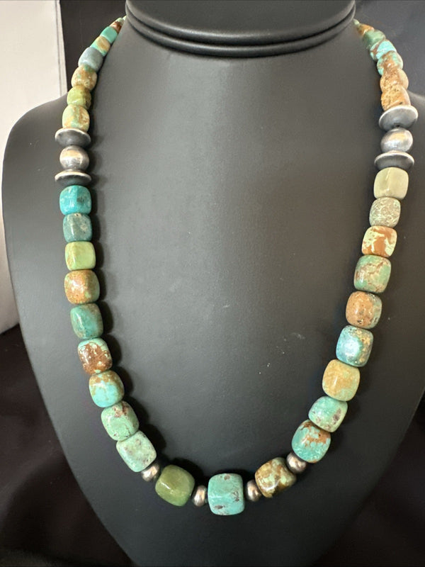 Tube Green Turquoise Navajo Graduated Necklace 21" | Sterling Silver | Authentic Native American Handmade | 19205