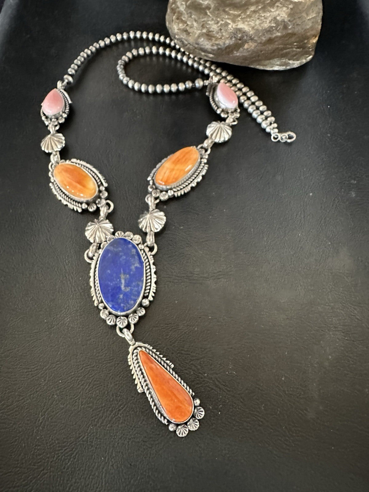 Multicolor Spiny Lapis Pendant Navajo Sterling Silver Lariat Necklace 28" 19438