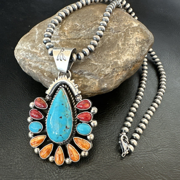 Multicolor Turquoise Spiny Navajo Cluster Pendant Necklace | Sterling Silver | Authentic Native American Handmade | 19561