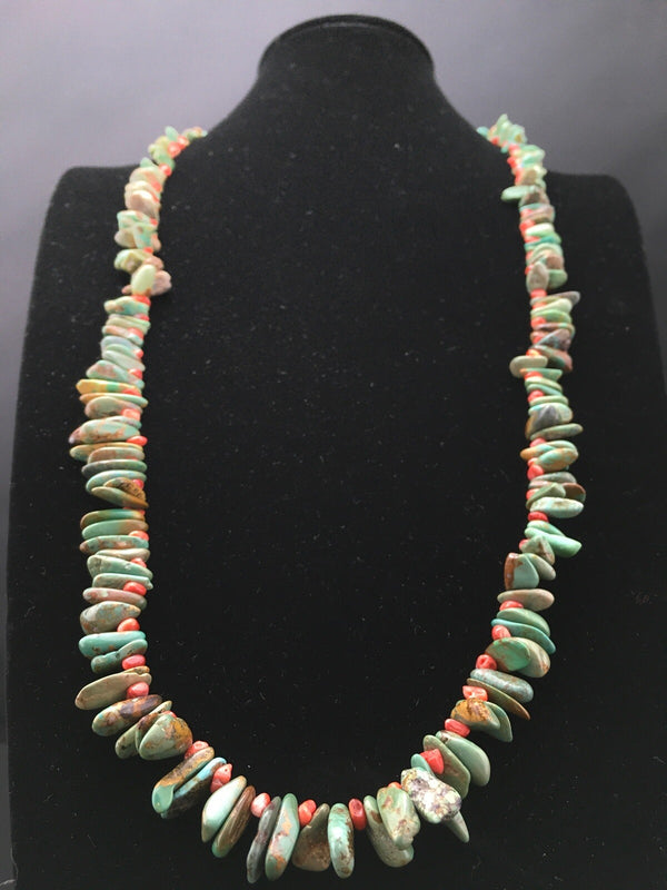 Green Turquoise Spiny Oyster Navajo Necklace 34" | Sterling Silver | Authentic Native American Handmade | 04738
