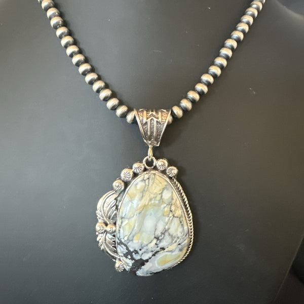 White Buffalo Turquoise Pendant Navajo Pearls Necklace | Sterling Silver | Authentic Native American Handmade | 19342