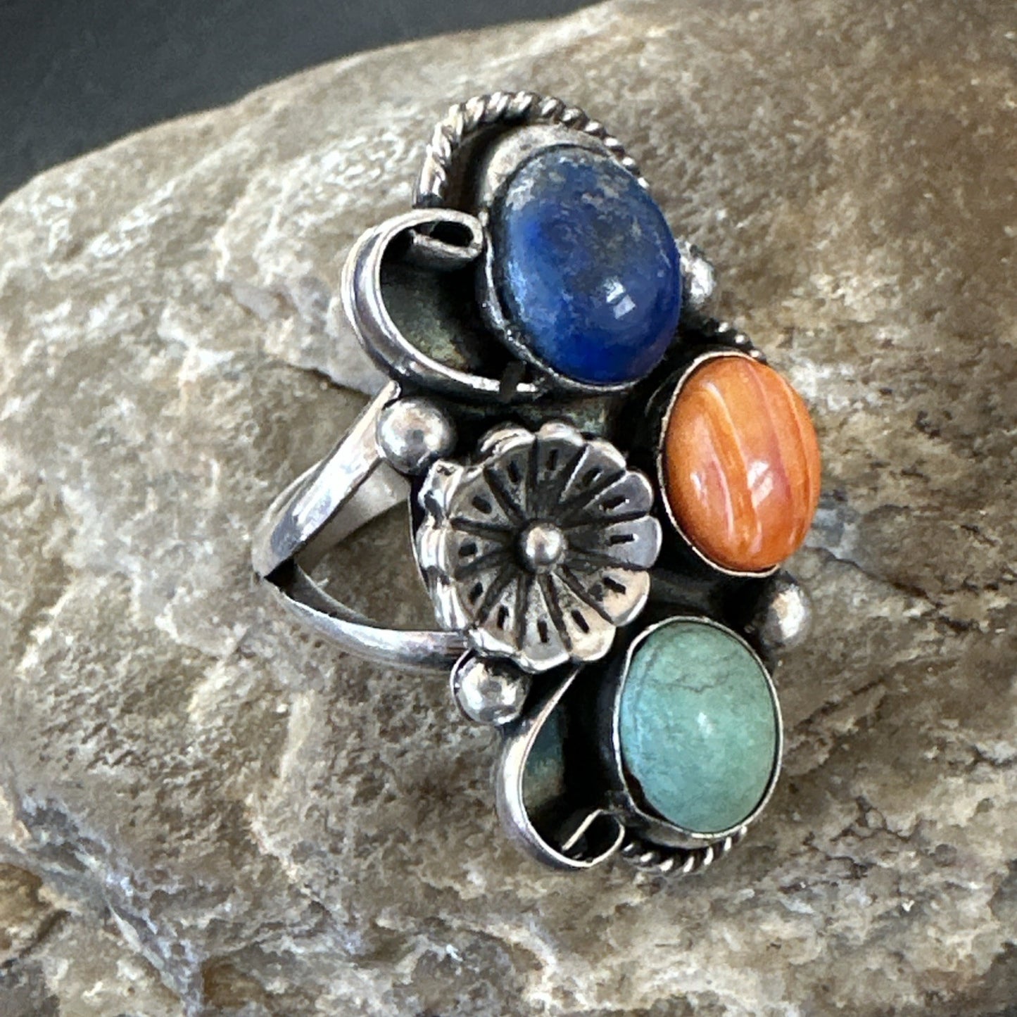 Yazzie Ring Turquoise Lapis Spiny Navajo Sterling Silver Cluster Sz 8.5 19315