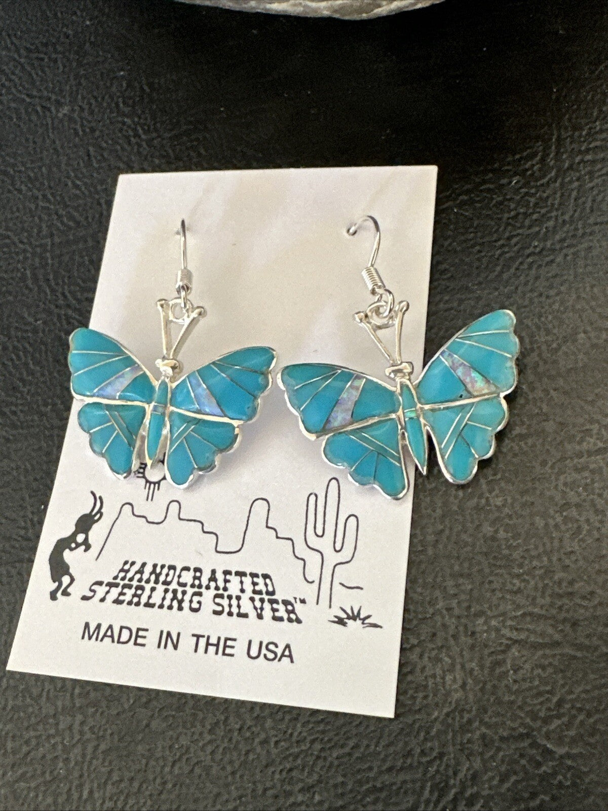 Butterfly Blue Turquoise Opal Inlay Sterling Silver Dangle Earrings 19137