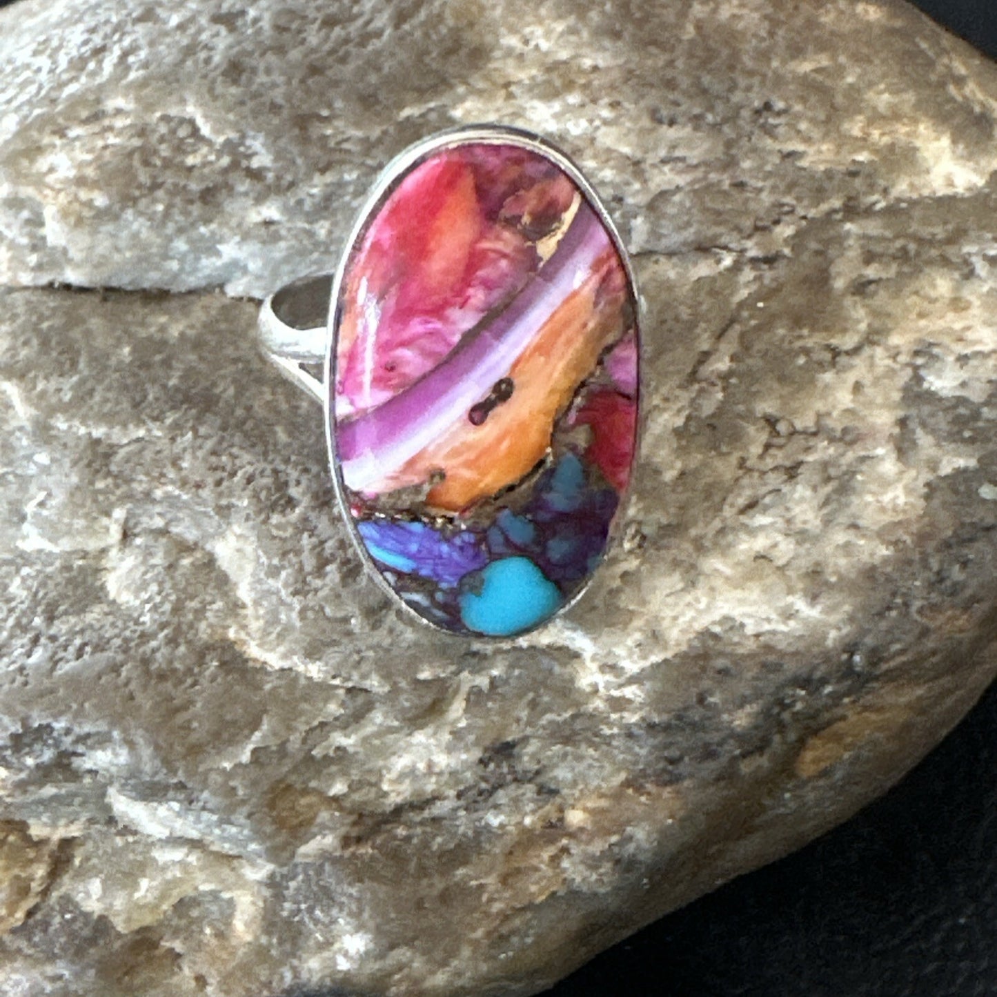 Blue Turquoise Spiny Oyster Southwestern Sterling Silver Ring Size 8 18479