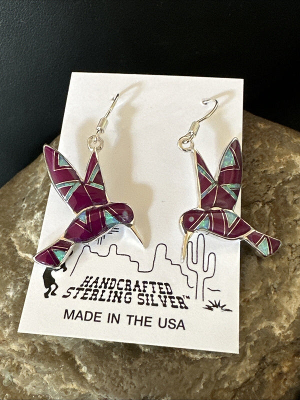 Purple Sugilite Opal Hummingbird Dangle Earrings | Sterling Silver | Authentic Native American Handmade | 18551