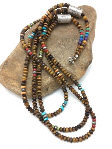 Navajo Tiger's Eye Turquoise 3 Strand Necklace 26" | Sterling Silver | Authentic Native American Handmade | 4174
