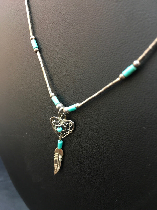 Turquoise Feather Pendant Navajo Necklace | Sterling Silver | Authentic Native American Handmade | 18059