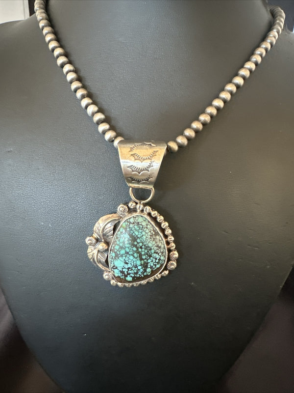 Men Women Navajo Blue Spiderweb Turquoise Necklace Pendant | Sterling Silver | Authentic Native American Handmade | 18093