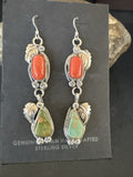 Green Royston Turquoise Red Coral Navajo Dangle Earrings | Sterling Silver | Authentic Native American Handmade | 1634