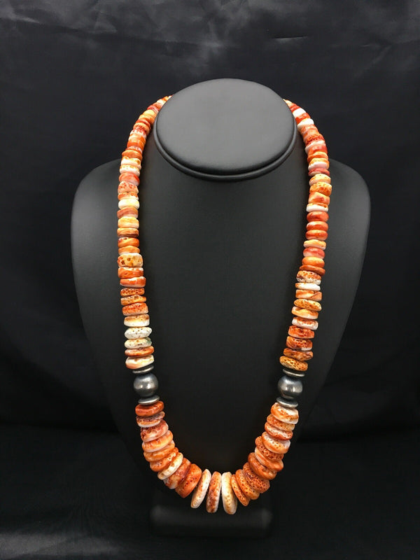Orange Spiny Oyster Navajo Necklace | Sterling Silver | Authentic Native American Handmade | 02623