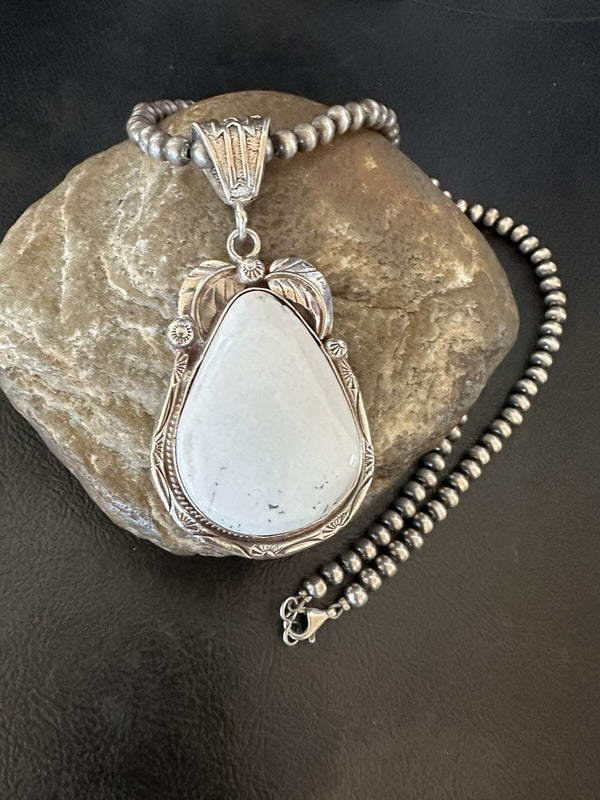 Men's White Buffalo Turquoise Pendant Beads Necklace | Sterling Silver | Authentic Native American Handmade | 18310