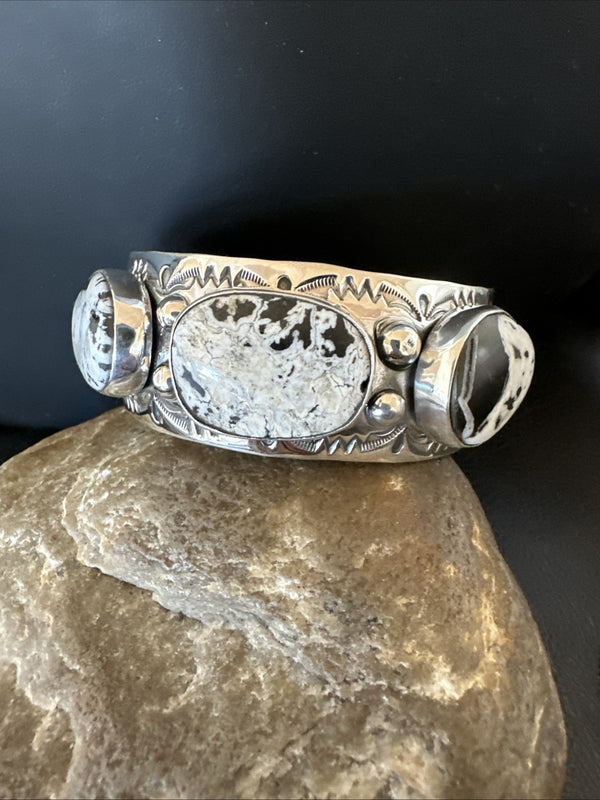 Men's White Buffalo Turquoise Navajo Cuff Bracelet 7.5" | Sterling Silver | Authentic Native American Handmade | 19428