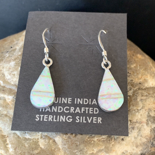 Women's White Opal Inlay Navajo Dangle Post Earrings 0.5" | Sterling Silver | Authentic Native American Handmade | 12770