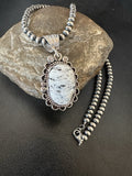 White Buffalo Turquoise Pendant Navajo Pearls Necklace | Sterling Silver | Authentic Native American Handmade | 19373