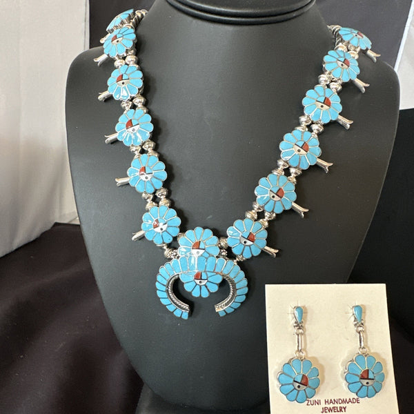 Old Pawn Sunface Turquoise Zuni Squash Necklace Earrings | Sterling Silver | Authentic Native American Handmade | 19289