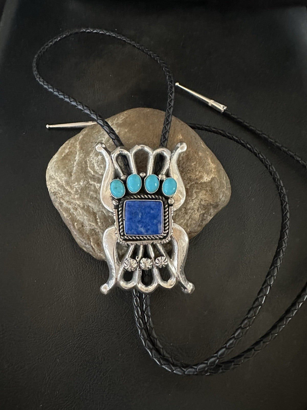 Mens Tufa Blue Lapis Lazuli Turquoise Navajo Sterling Silver Bolo Tie 3” 19472