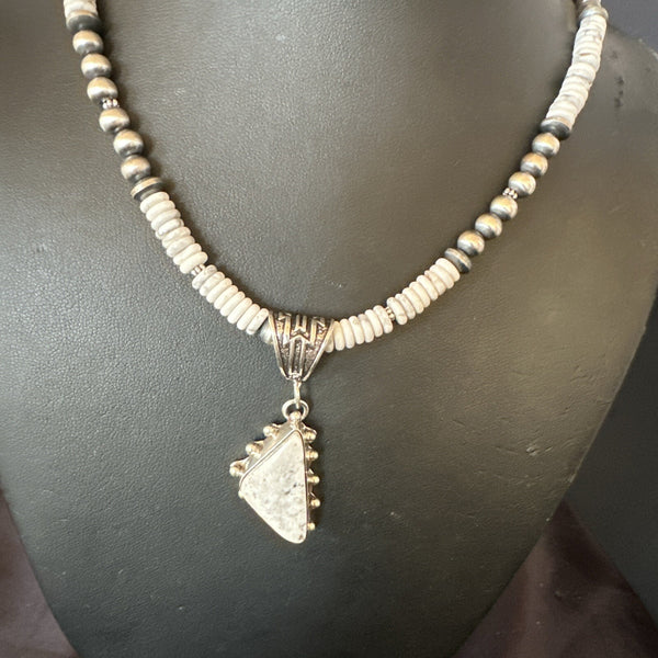 White Buffalo Turquoise Pendant Navajo Pearls Necklace 22" | Sterling Silver | Authentic Native American Handmade | 18255