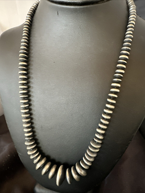 Graduated Rondelle Flat Beads Necklace 21" | Sterling Silver | Authentic Native American Handmade | 18830