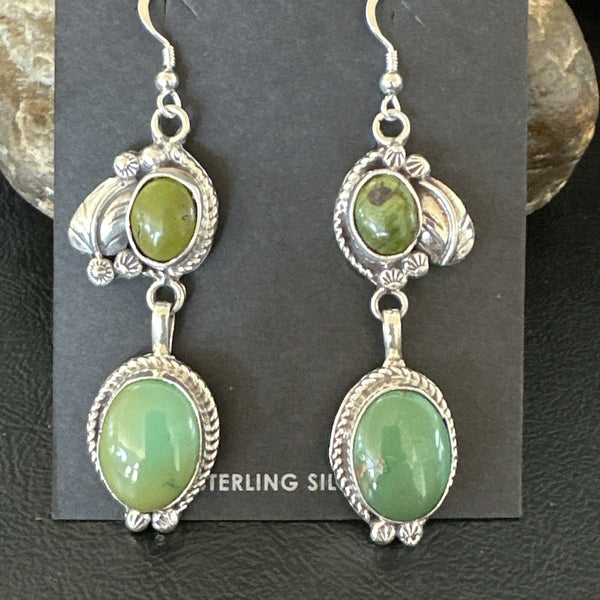 Navajo Green Turquoise Dangle Earrings 2" | Sterling Silver | Authentic Native American Handmade | 17694