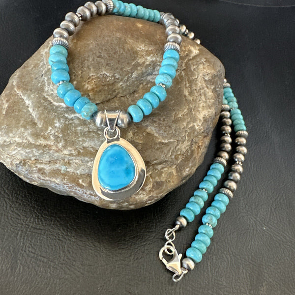 Men's Blue Kingman Turquoise Pendant Navajo Necklace 21" | Sterling Silver | Authentic Native American Handmade | 18111