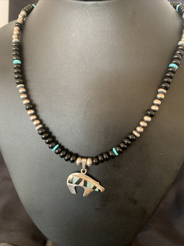 Turquoise Opal Inlay Pendant Black Onyx Navajo Necklace | Sterling Silver | Authentic Native American Handmade | 12698