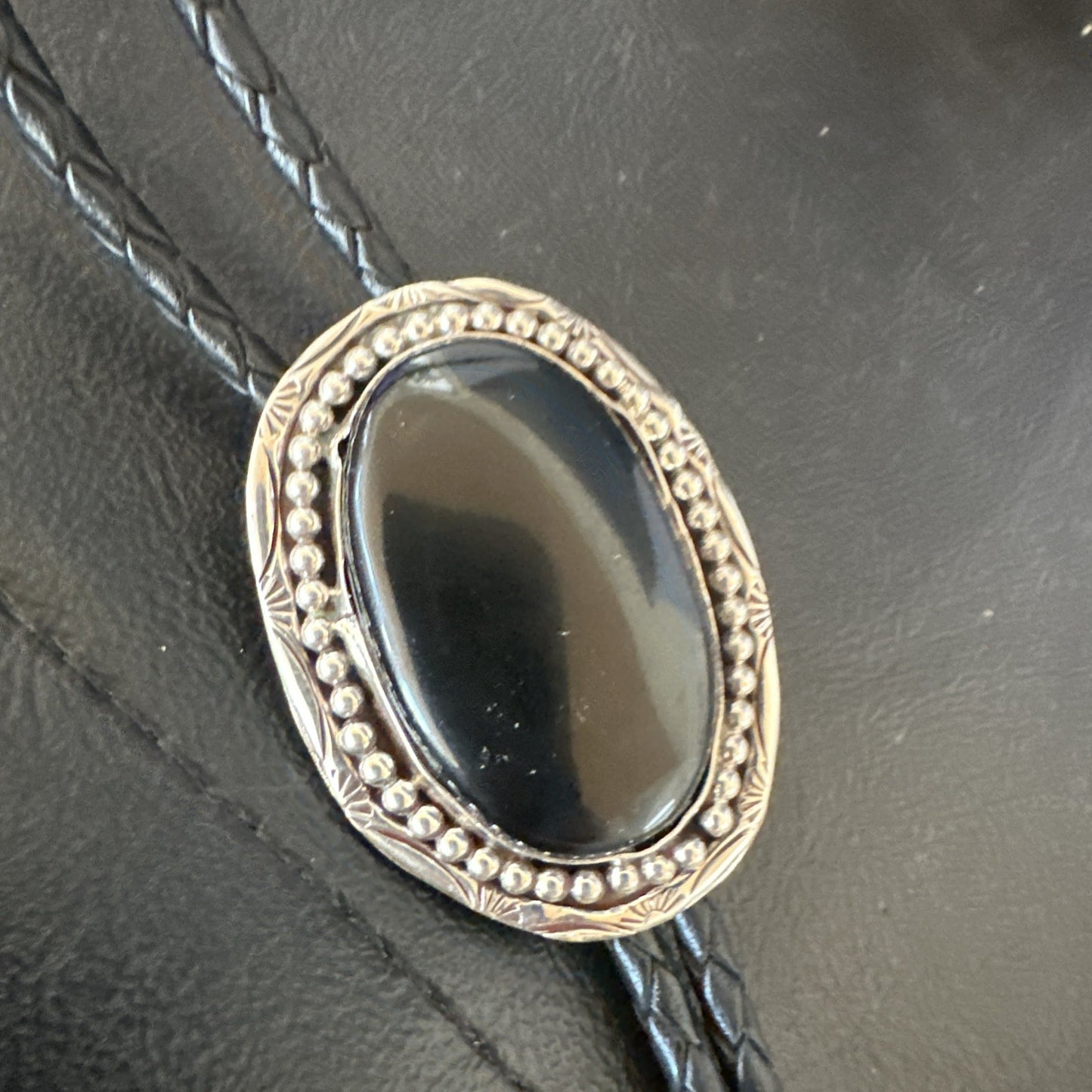 Mens Black Onyx Navajo Sterling Silver Bolo Tie 19053
