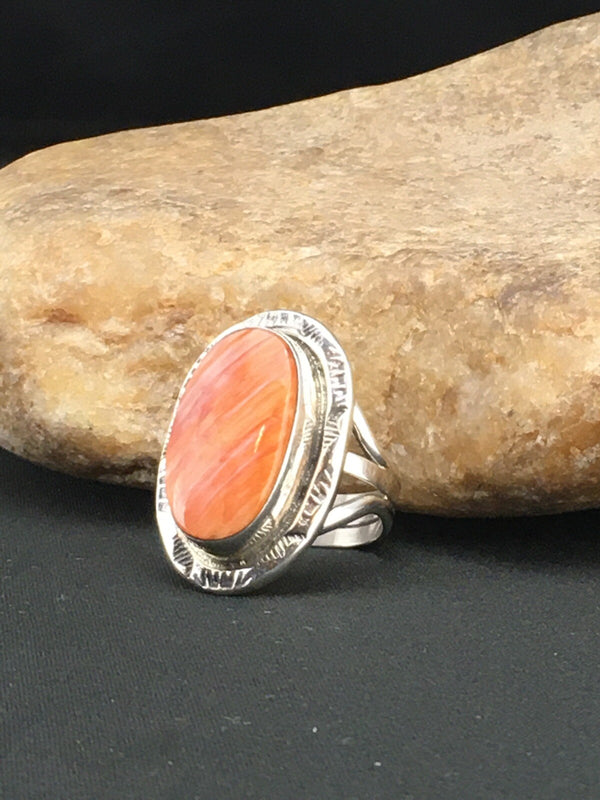 Orange Spiny Oyster Southwestern Ring Size 7.75 | Sterling Silver | Authentic Native American Handmade | 04888