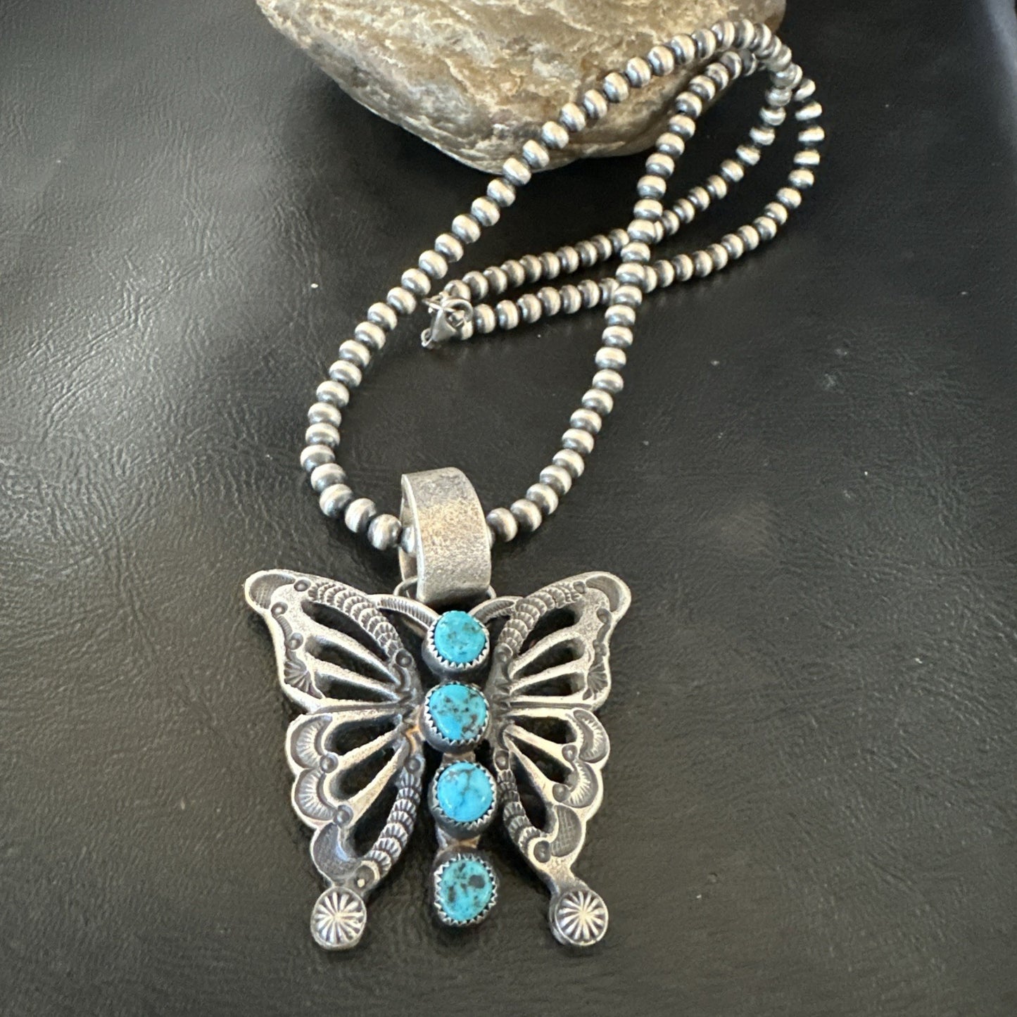 Butterfly Blue Kingman Turquoise Pendant Navajo Sterling Silver Necklace 19295